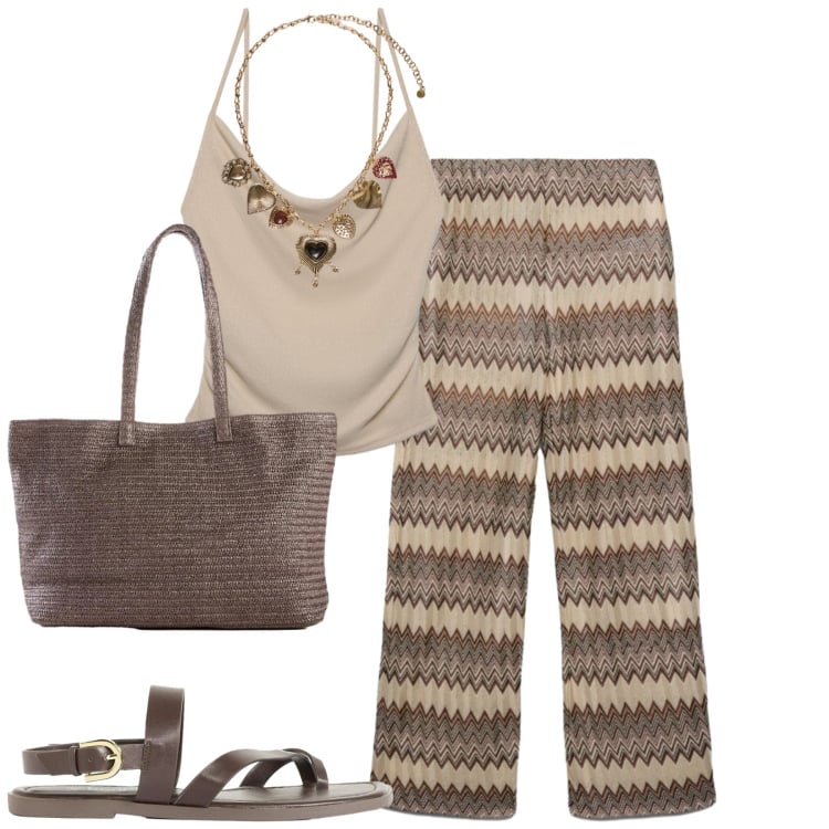 Outfit donna - Summer. Stile Trendy per Mare. Abbinamento con shopping bag, sandali, canottiere, pantaloni, collane.