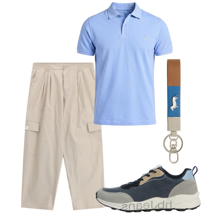 Outfit uomo - Giugno. Stile Casual per Tutti i giorni. Abbinamento con portachiavi, polo, sneakers, pantaloni cargo.