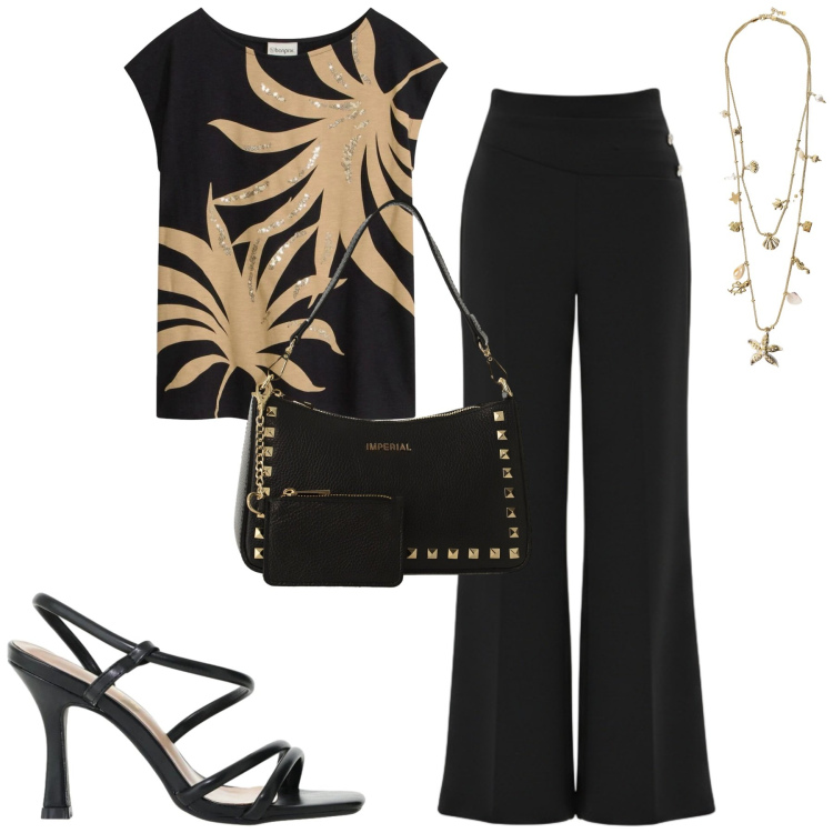 Outfit donna - Giugno. Stile Urban per Tutti i giorni. Abbinamento con t-shirt, borse a spalla, sandali col tacco, collane, pantaloni a palazzo.
