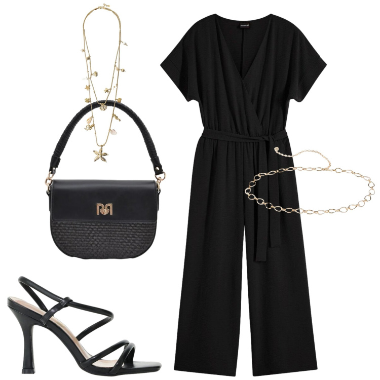 Outfit donna - La tuta nera. Stile Casual chic per Tutti i giorni. Abbinamento con tute, cinture, sandali col tacco, collane, borse a spalla.