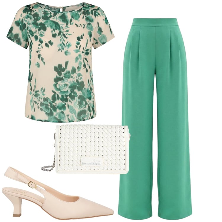Outfit donna - Toni del verde. Stile Chic per Tutti i giorni. Abbinamento con décolleté, borse a tracolla, pantaloni a palazzo, bluse.