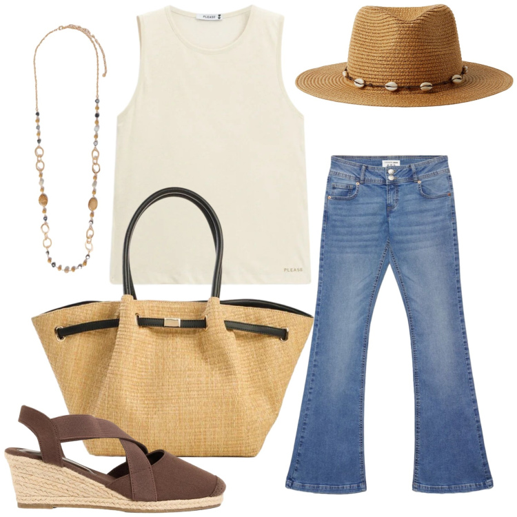 Outfit donna - Total look #2424235. Stile Casual chic per Tutti i giorni. Abbinamento con shopping bag, zeppe, cappelli, jeans a zampa, top, collane.