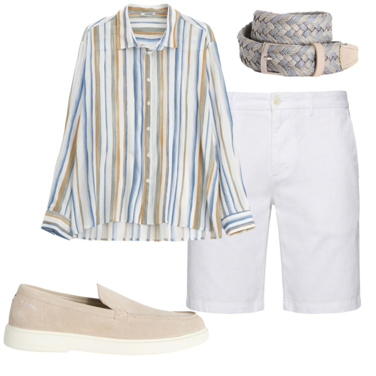 Outfit uomo - Look per l\'estate. Stile Trendy per Tutti i giorni. Abbinamento con scarpe stringate, cinture, bermuda, camicie.