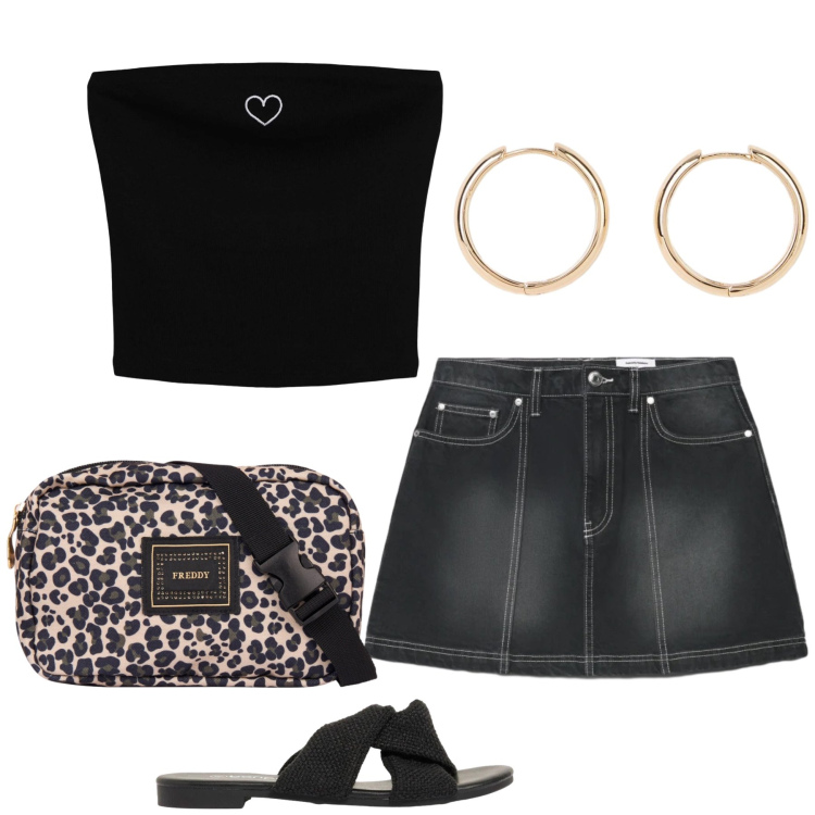 Outfit donna - Total look #2424242. Stile Casual chic per Tutti i giorni. Abbinamento con orecchini, sandali, top, minigonne, marsupi.