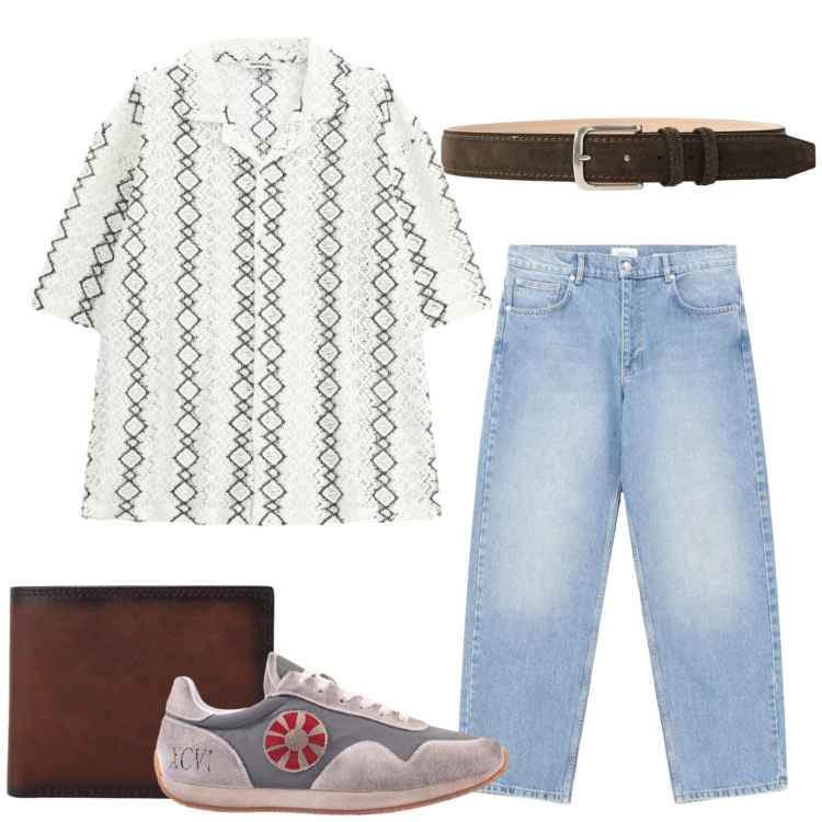 Outfit uomo - Total look #2424246. Stile Casual per Ufficio. Abbinamento con sneakers, jeans, portafogli, camicie a manica corta, cinture.