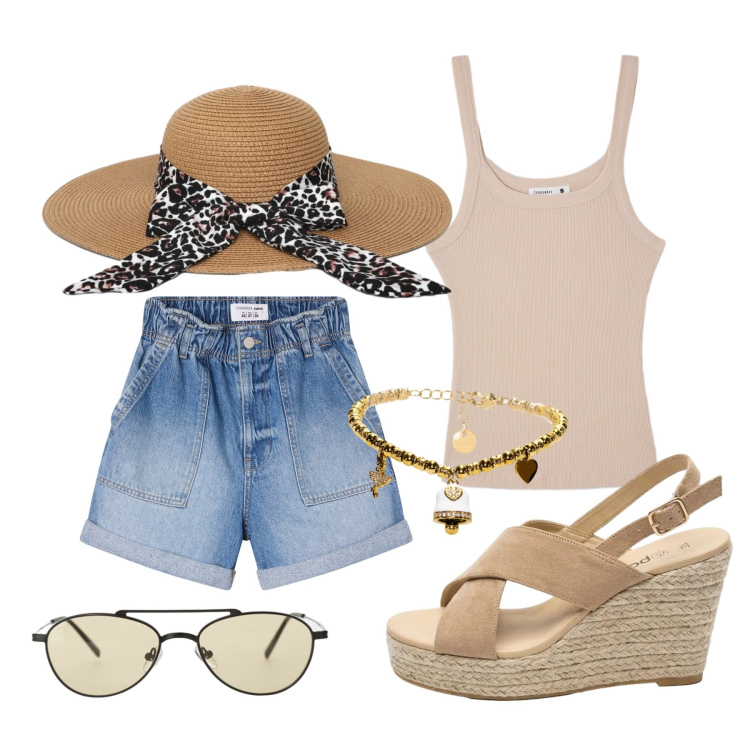 Outfit donna - Giugno. Stile Basic per Tutti i giorni. Abbinamento con sandali col tacco, shorts, cappelli, canottiere, occhiali da sole, braccialetti.