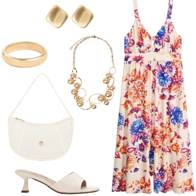 Outfit donna - L\'outfit che illumina. Stile Chic per Tutti i giorni. Abbinamento con sandali, braccialetti, vestiti lunghi, orecchini, borse a mano, collane.