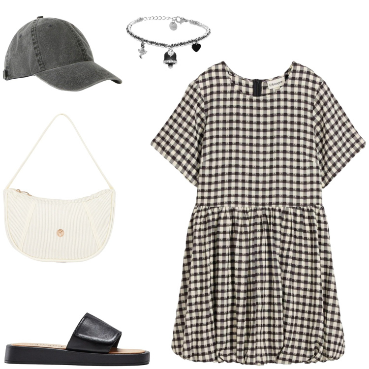 Outfit donna - Casual e femminile. Stile Casual per Tutti i giorni. Abbinamento con cappelli con visiera, ciabatte, vestiti corti, braccialetti, borse a mano.