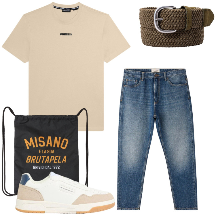 Outfit uomo - Total look #2424264. Stile Urban per Tutti i giorni. Abbinamento con sneakers, borse sportive, jeans, t-shirt, cinture.
