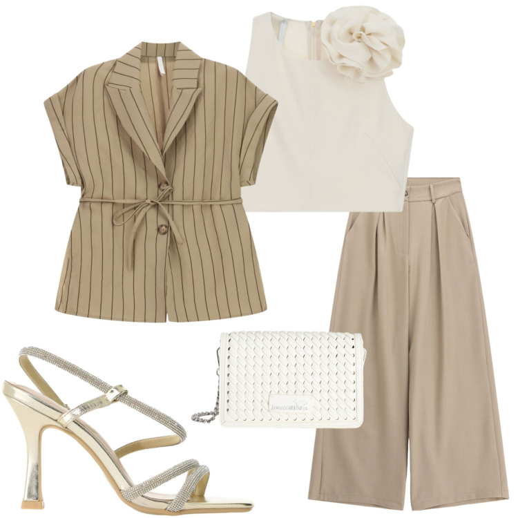 Outfit donna - Cerimonia informale. Stile Casual chic per Cerimonia. Abbinamento con borse a tracolla, pantaloni a palazzo, canottiere, sandali col tacco, blazer.