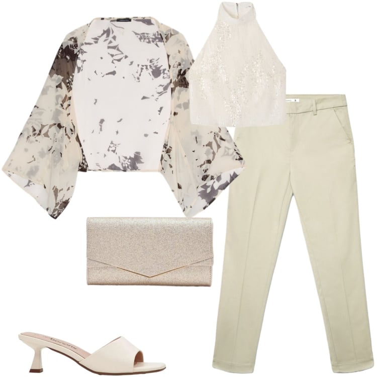 Outfit donna - Serata estiva. Stile Casual chic per Serata fuori. Abbinamento con sandali, pantaloni skinny, top, clutch, bolero.