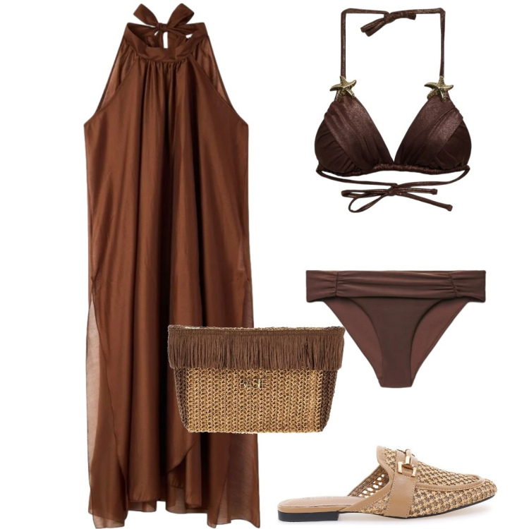 Outfit donna - Aperitivo al tramonto. Stile Glamour per Mare. Abbinamento con vestiti lunghi, bikini, bikini, sabot, pochette.