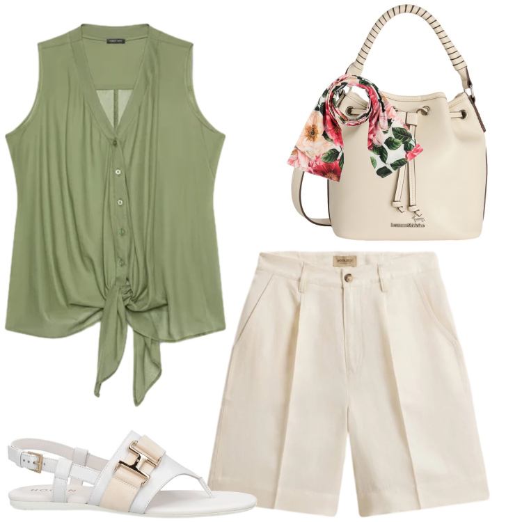 Outfit donna - Total look #2424282. Stile Casual chic per Tutti i giorni. Abbinamento con sciarpe, infradito, borse a secchiello, pantaloni corti, top.