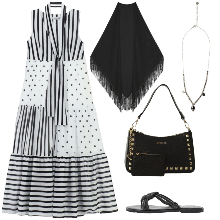 Outfit donna - Aperitivo d\'estate. Stile Casual chic per Serata fuori. Abbinamento con borse a spalla, vestiti lunghi, ciondoli, sandali, foulard.