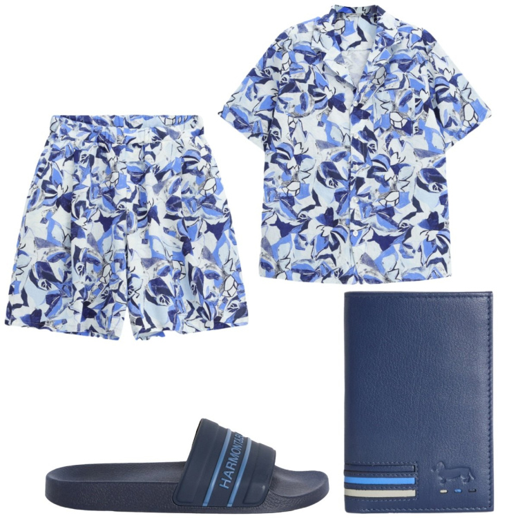 Outfit uomo - Pronti per il mare. Stile Casual per Mare. Abbinamento con portafogli, sandali, camicie a manica corta, bermuda.