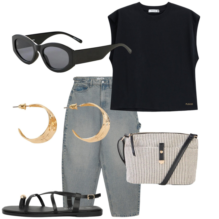 Outfit donna - Judith. Stile Casual chic per Tutti i giorni. Abbinamento con borse a tracolla, orecchini, occhiali da sole, jeans, sandali, top.
