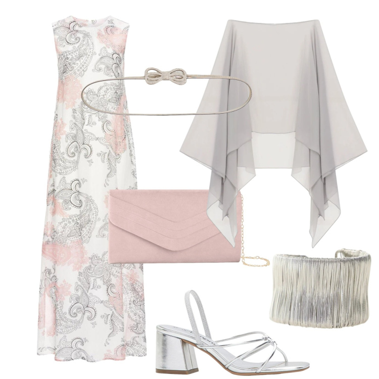 Outfit donna - Grigio chic. Stile Chic per Cerimonia. Abbinamento con vestiti lunghi, clutch, sandali col tacco, cinture, cappe, braccialetti.