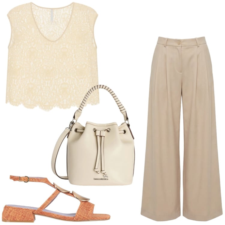 Outfit donna - Easy look. Stile Chic per Tutti i giorni. Abbinamento con sandali in pelle, borse a secchiello, pantaloni, top.