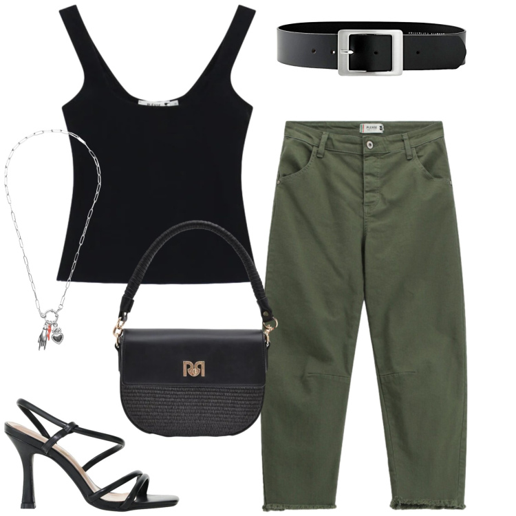 Outfit donna - Total look #2424321. Stile Casual chic per Tutti i giorni. Abbinamento con cinture, sandali col tacco, pantaloni, top, ciondoli, borse a spalla.