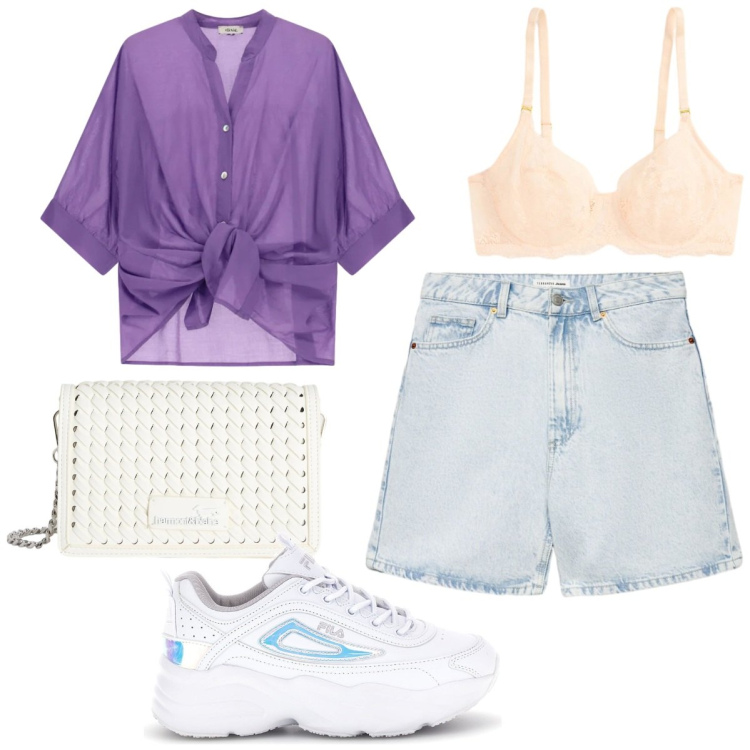 Outfit donna - Viola. Stile Sexy per Tutti i giorni. Abbinamento con bermuda, borse a tracolla, reggiseni, camicie, sneakers alte.