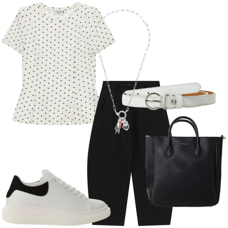 Outfit donna - Total look #2424330. Stile Casual per Ufficio. Abbinamento con pantaloni, sneakers, borse a tracolla, cinture, t-shirt, ciondoli.