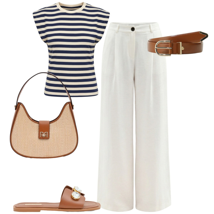 Outfit donna - Simply chic. Stile Casual chic per Tutti i giorni. Abbinamento con cinture, borse a spalla, sandali gioiello, t-shirt, pantaloni a palazzo.
