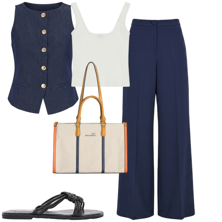 Outfit donna - In ufficio. Stile Casual chic per Ufficio. Abbinamento con borse tote, top, sandali, gilet, pantaloni a palazzo.