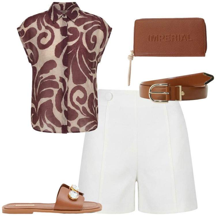 Outfit donna - City. Stile Casual chic per Tutti i giorni. Abbinamento con portafogli, cinture, camicie a manica corta, sandali gioiello, pantaloni corti.