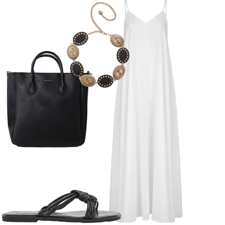 Outfit donna - Al mare. Stile Casual chic per Mare. Abbinamento con cinture, borse a tracolla, sandali, vestiti lunghi.