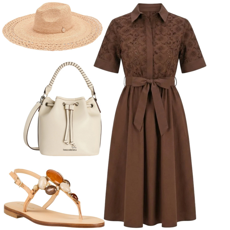 Outfit donna - Cacao. Stile Romantica per Tutti i giorni. Abbinamento con infradito, borse a secchiello, cappelli, vestiti chemisier.
