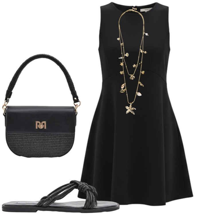 Outfit donna - Da mattina a sera. Stile Minimal per Tutti i giorni. Abbinamento con collane, vestiti corti, borse a spalla, sandali.