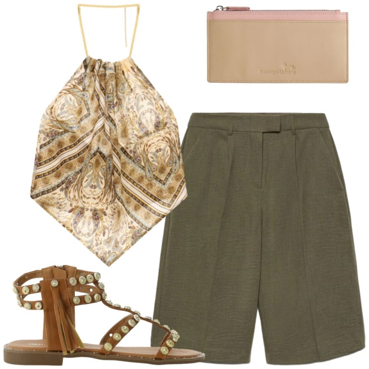 Outfit donna - City. Stile Casual chic per Tutti i giorni. Abbinamento con bermuda, portafogli, sandali, top.
