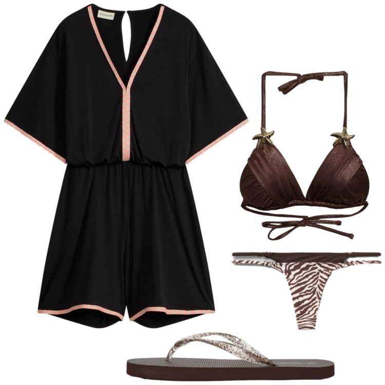 Outfit donna - Total look #2424383. Stile Glamour per Mare. Abbinamento con tuta corta, bikini, infradito, bikini.