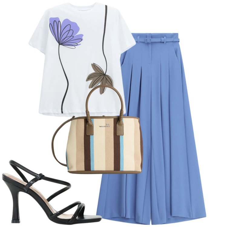Outfit donna - Total look #2424389. Stile Urban per Tutti i giorni. Abbinamento con shopping bag, t-shirt, pantaloni a palazzo, sandali col tacco.