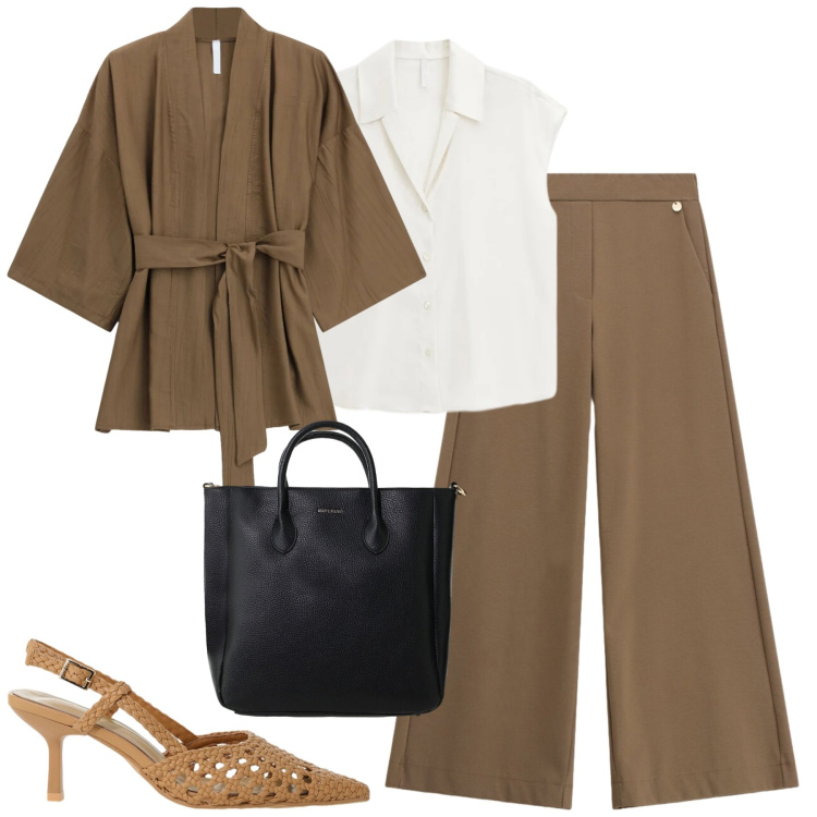 Outfit donna - Total look #2424392. Stile Urban per Tutti i giorni. Abbinamento con pantaloni a palazzo, trench, camicie, borse a tracolla, décolleté.