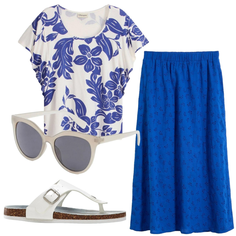 Outfit donna - Total look #2424394. Stile Basic per Tutti i giorni. Abbinamento con infradito, t-shirt, occhiali da sole, gonne longuette.