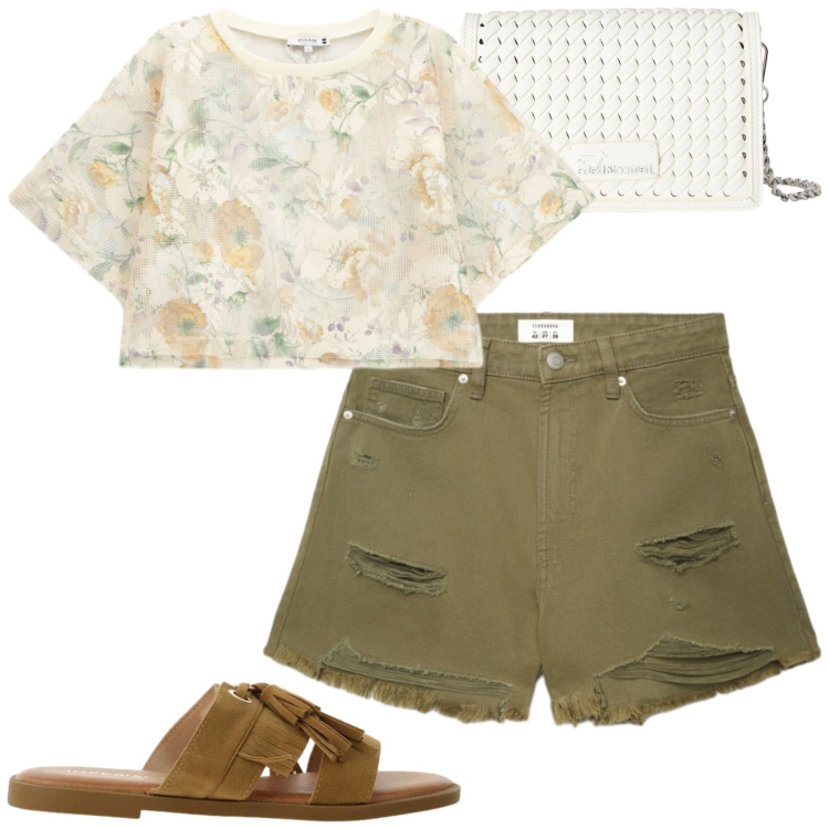 Outfit donna - Giugno. Stile Casual per Tutti i giorni. Abbinamento con shorts, borse a tracolla, sandali, top.