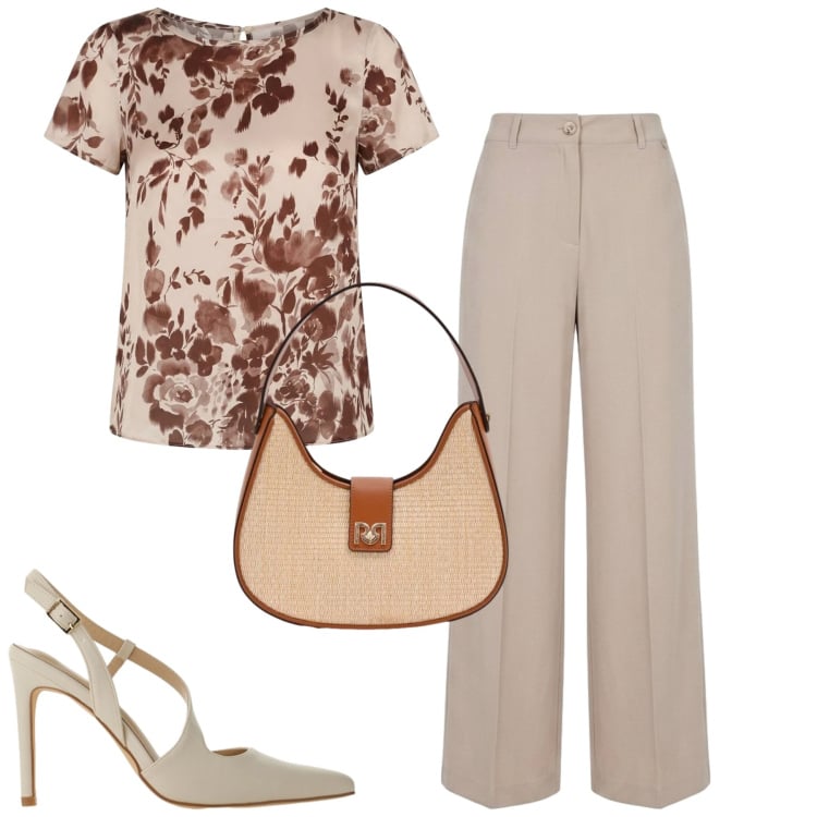 Outfit donna - Rimasto. Stile Casual chic per Tutti i giorni. Abbinamento con décolleté, bluse, pantaloni a palazzo, borse a spalla.