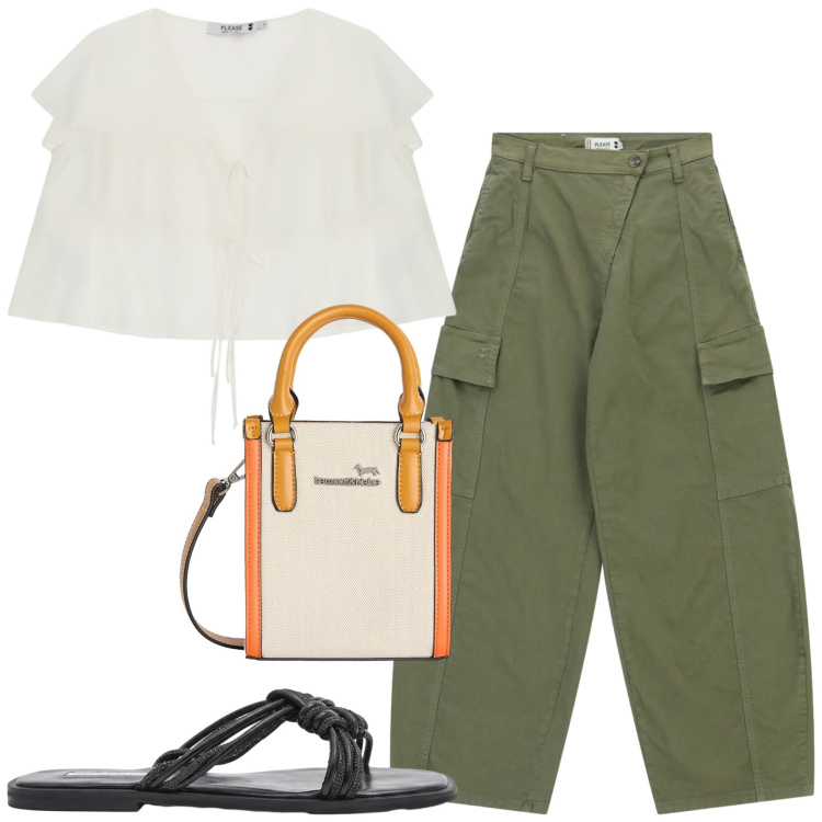 Outfit donna - City. Stile Casual per Tutti i giorni. Abbinamento con borse tote, pantaloni cargo, top, sandali.