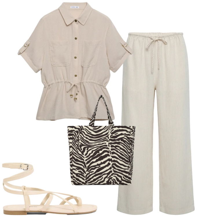 Outfit donna - Urban safari. Stile Casual chic per Tutti i giorni. Abbinamento con sandali, shopping bag, camicie a manica corta, pantaloni.