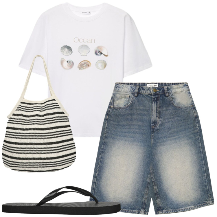 Outfit donna - Weekend. Stile Casual per Tutti i giorni. Abbinamento con t-shirt, shopping bag, pantaloni corti, infradito.