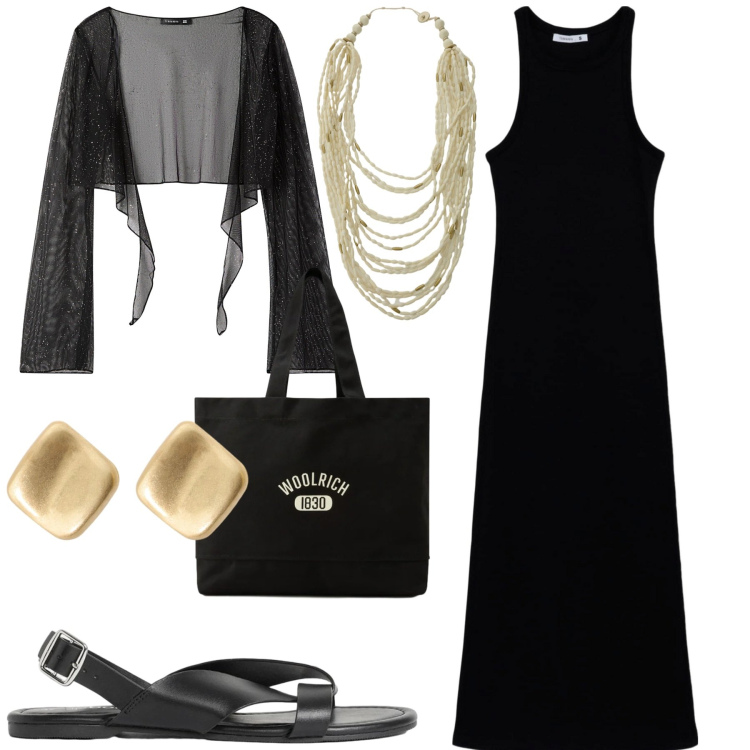 Outfit donna - City. Stile Minimal per Tutti i giorni. Abbinamento con sandali, blazer, vestiti lunghi, collane, orecchini, borse tote.