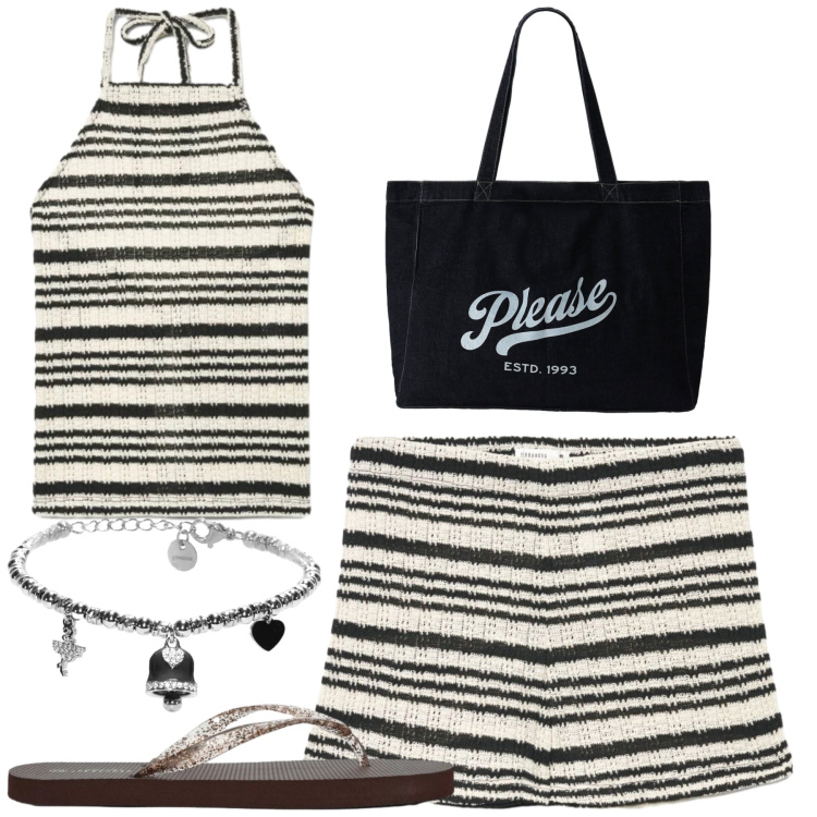 Outfit donna - Al mare terranova. Stile Trendy per Mare. Abbinamento con shorts, infradito, canottiere, shopping bag, braccialetti.