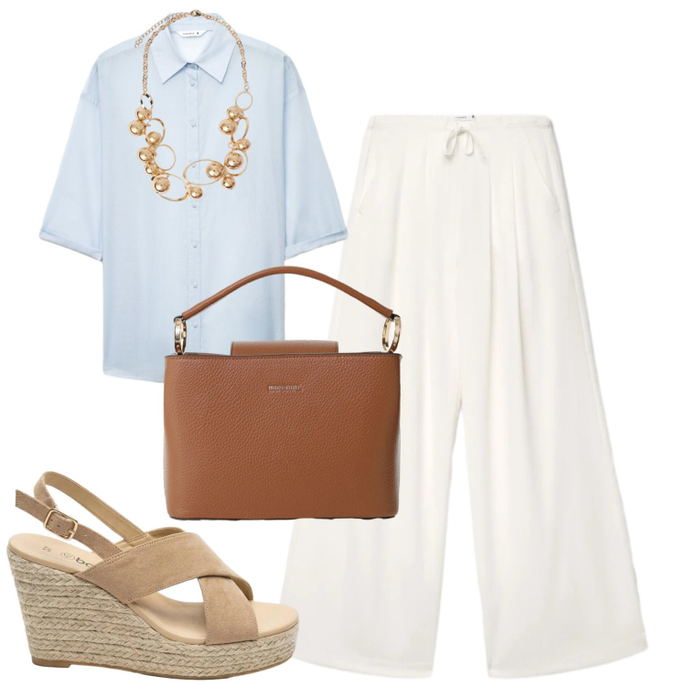 Outfit donna - Giugno in ufficio. Stile Casual chic per Ufficio. Abbinamento con sandali col tacco, camicie a manica corta, pantaloni, borse a secchiello, collane.
