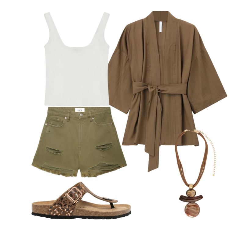 Outfit donna - Giugno. Stile Casual chic per Tutti i giorni. Abbinamento con infradito, shorts, trench, top, ciondoli.