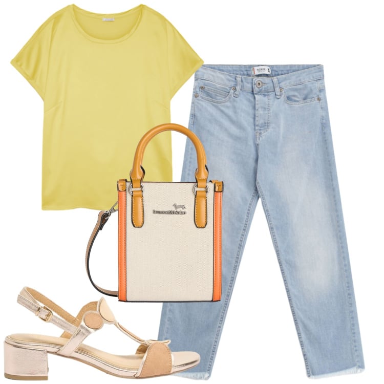 Outfit donna - City. Stile Casual per Tutti i giorni. Abbinamento con sandali col tacco, borse tote, jeans, t-shirt.