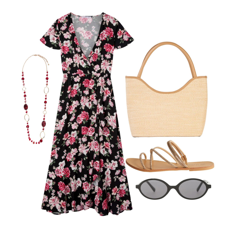 Outfit donna - Giugno. Stile Romantica per Tutti i giorni. Abbinamento con shopping bag, sandali, vestiti lunghi, occhiali da sole, collane.