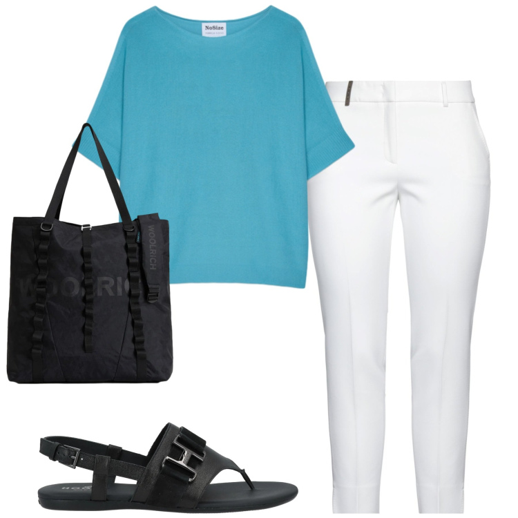 Outfit donna - Total look #2424419. Stile Casual chic per Tutti i giorni. Abbinamento con pantaloni, infradito, borse tote, t-shirt.