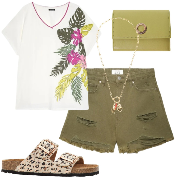 Outfit donna - Vacanza. Stile Casual per Mare. Abbinamento con ciabatte, shorts, portafogli, ciondoli, t-shirt.