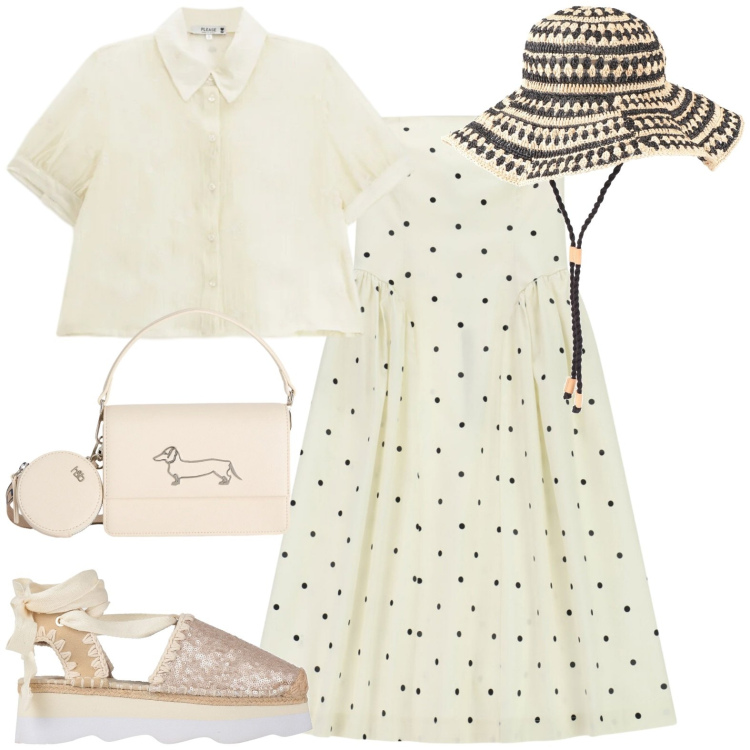 Outfit donna - Total look #2424422. Stile Casual chic per Tutti i giorni. Abbinamento con décolleté, cappelli, borse a tracolla, vestiti midi/longuette, camicie a manica corta.